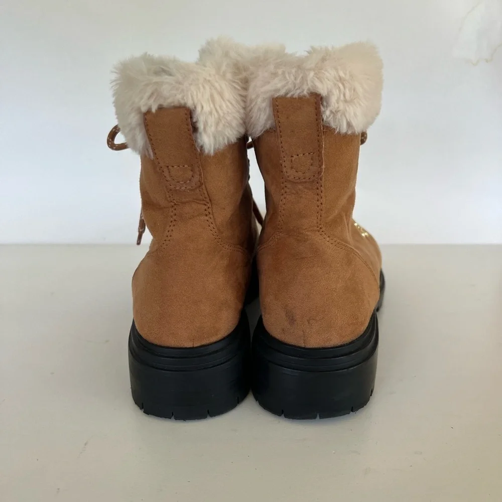 J. Crew Factory Faux-Fur Lace Up Winter Hiking Boots in Chestnut Brown, size 9